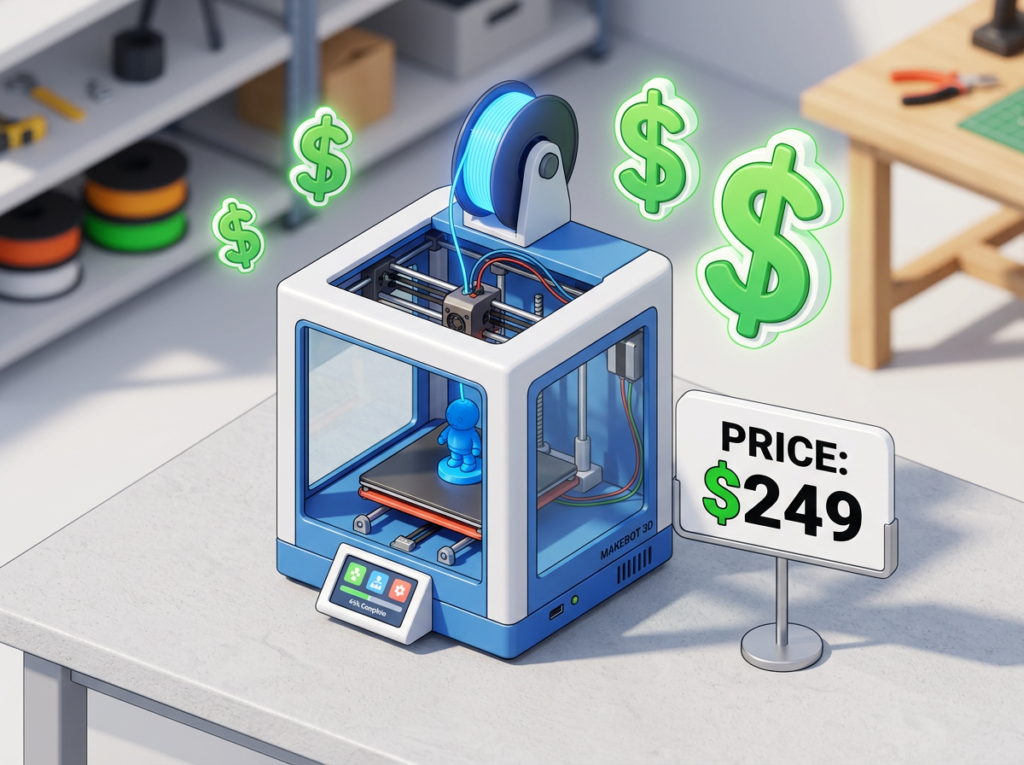 Compact 3D printer on table with price tag $249 and floating dollar signs