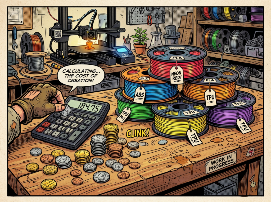 Calculator showing a cost of 184.75 with hand pressing a coin and 3D printer filament spools labeled PLA, ABS, TPU on a wooden table.